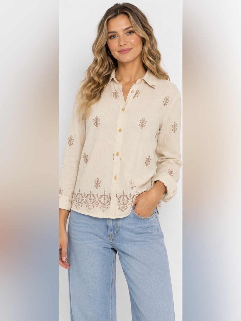 NWT Umgee Embroidered Button Up Top Size S | Boho Cream Blouse Cottagecore